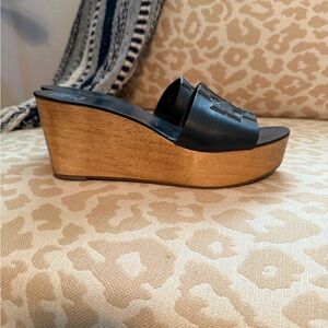 Tory Burch Black Leather Logo Platform Wedge Sandal with Wood-Look Sole
